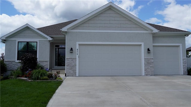 6418 N 141st St, Basehor, KS 66007 - view of front of home featuring stone siding, a garage, and stucco siding