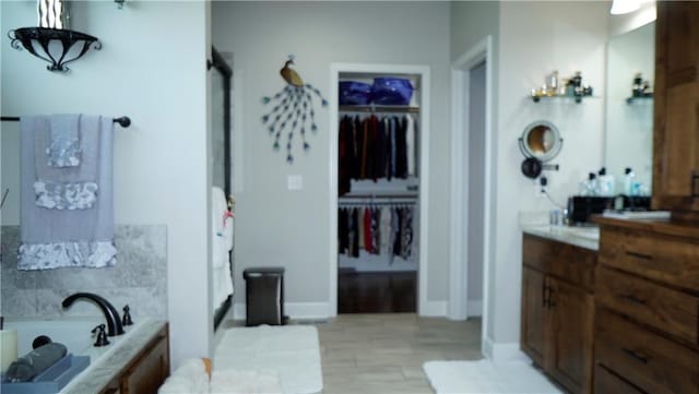 6418 N 141st St, Basehor, KS 66007 - bathroom with a garden tub, a walk in closet, wood finished floors, vanity, and baseboards