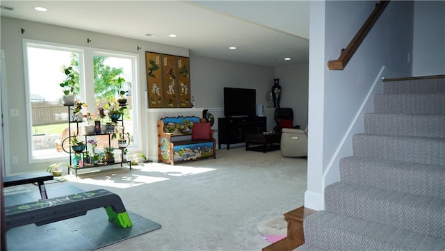 6418 N 141st St, Basehor, KS 66007 - living area featuring stairway, carpet flooring, and recessed lighting