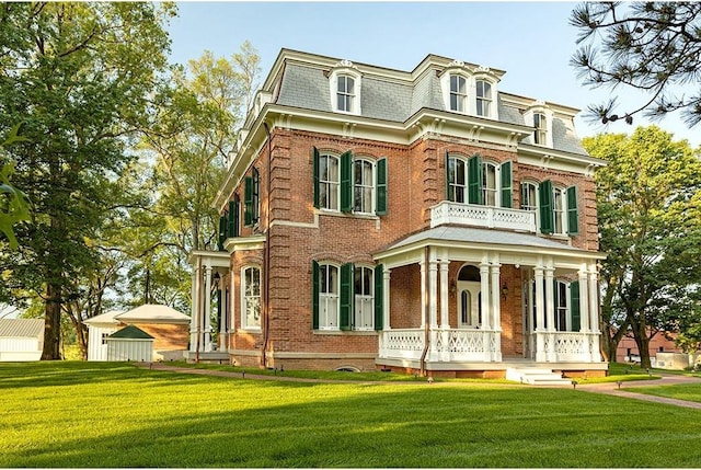 20400 280th Trl, Malta Bend, MO 65339 - second empire-style home with covered porch, a balcony, mansard roof, and brick siding