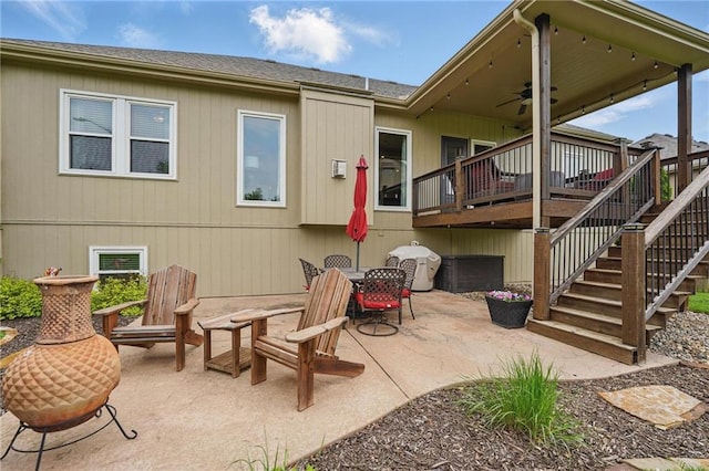 10136 N Wallace Ave, Kansas City, MO 64157 - back of house featuring a ceiling fan, stairs, a patio area, a deck, and a shingled roof