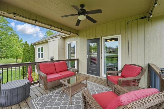 10136 N Wallace Ave, Kansas City, MO 64157 - wooden terrace with a ceiling fan and outdoor lounge area