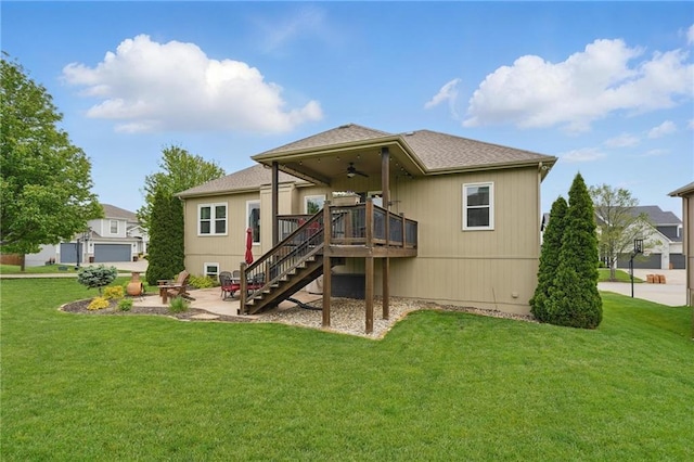 10136 N Wallace Ave, Kansas City, MO 64157 - back of property with ceiling fan, stairs, a yard, a wooden deck, and a patio area