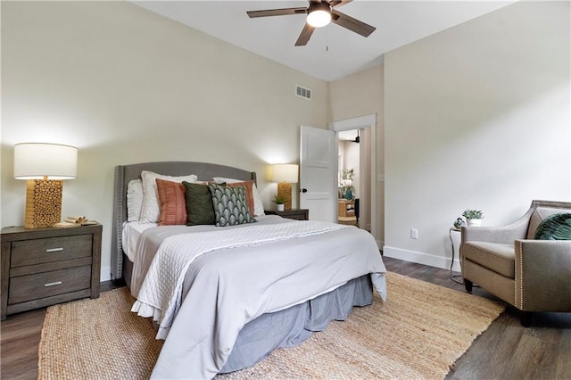 18 Beechwood Ln, Linn Valley, KS 66040 - bedroom with wood finished floors, baseboards, high vaulted ceiling, and a ceiling fan