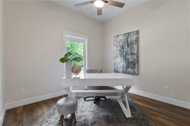 18 Beechwood Ln, Linn Valley, KS 66040 - office featuring a ceiling fan, wood finished floors, and baseboards