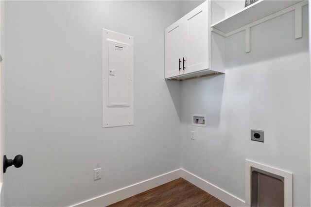 18 Beechwood Ln, Linn Valley, KS 66040 - washroom featuring electric panel, cabinet space, hookup for an electric dryer, washer hookup, and dark wood-type flooring