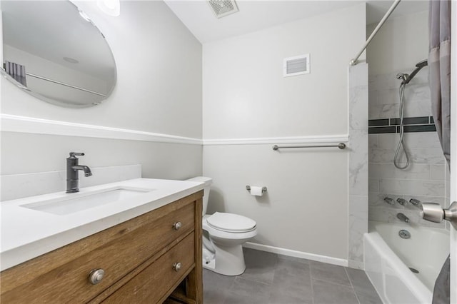 10908 Indiana Ave, Kansas City, MO 64137 - full bath featuring vanity, toilet, shower / bathtub combination with curtain, baseboards, and tile patterned flooring
