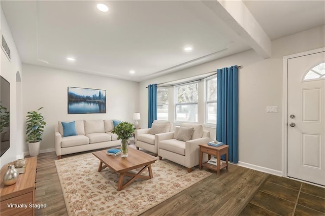 10908 Indiana Ave, Kansas City, MO 64137 - living area featuring plenty of natural light, baseboards, dark wood finished floors, and recessed lighting