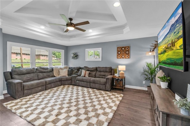 807 N Main St, Carrollton, MO 64633 - living room with a tray ceiling, dark wood finished floors, ceiling fan, baseboards, and recessed lighting