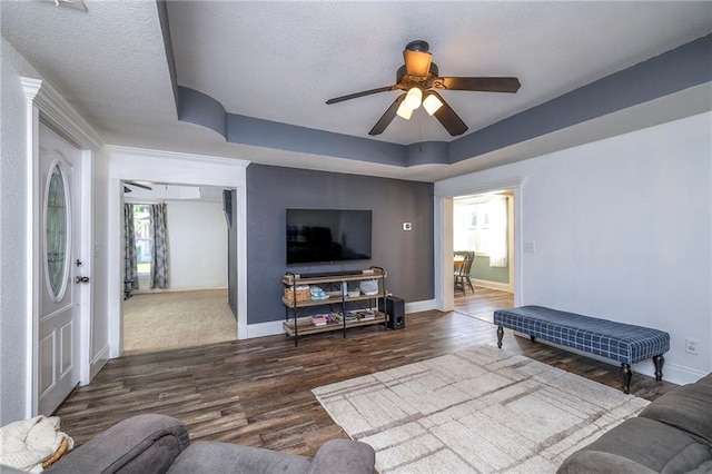 1101 S Independence St, Harrisonville, MO 64701 - living room with ceiling fan, wood finished floors, baseboards, and a textured ceiling