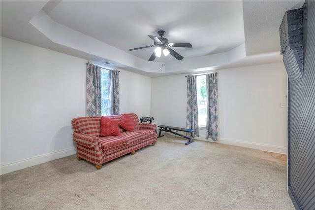 1101 S Independence St, Harrisonville, MO 64701 - living area featuring a tray ceiling, carpet, ceiling fan, and baseboards