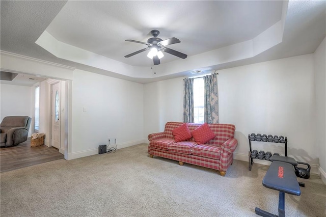 1101 S Independence St, Harrisonville, MO 64701 - living area featuring a raised ceiling, carpet, baseboards, and a ceiling fan