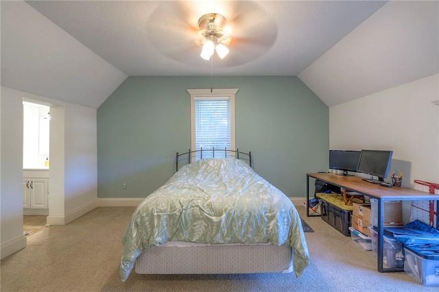1101 S Independence St, Harrisonville, MO 64701 - bedroom with light colored carpet, vaulted ceiling, baseboards, and a ceiling fan