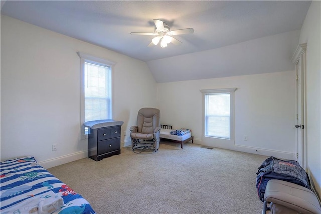 1101 S Independence St, Harrisonville, MO 64701 - bedroom featuring carpet floors, baseboards, lofted ceiling, and a ceiling fan
