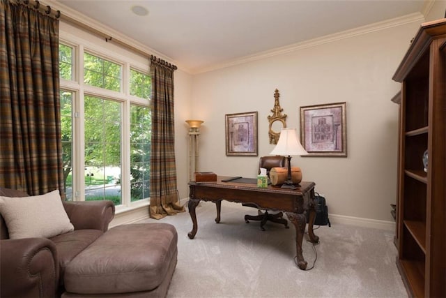 14301 Briar St, Leawood, KS 66224 - home office with carpet flooring, healthy amount of natural light, and crown molding