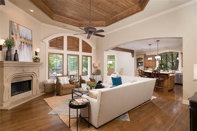 14301 Briar St, Leawood, KS 66224 - living area with a tray ceiling, dark wood finished floors, a fireplace, arched walkways, and wooden ceiling