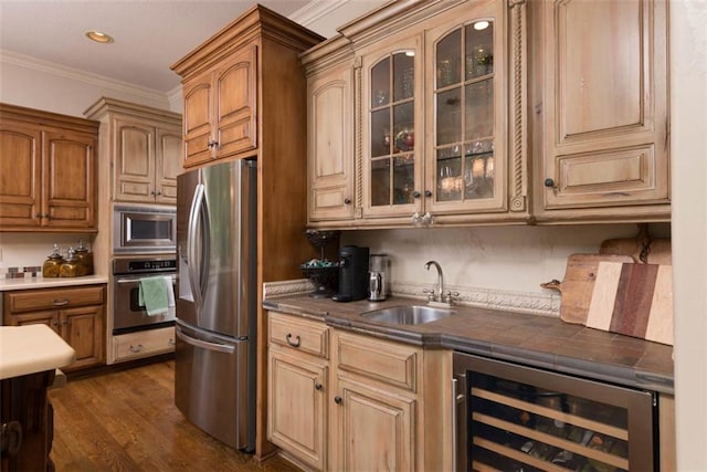 14301 Briar St, Leawood, KS 66224 - kitchen featuring stainless steel appliances, wine cooler, glass insert cabinets, dark countertops, and recessed lighting