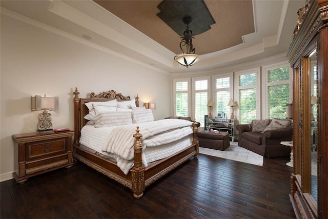 14301 Briar St, Leawood, KS 66224 - bedroom featuring a tray ceiling, dark wood-type flooring, and crown molding