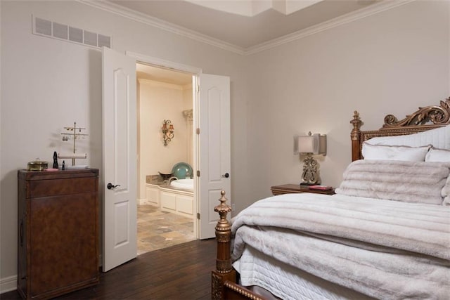 14301 Briar St, Leawood, KS 66224 - bedroom featuring dark wood finished floors, ornamental molding, and ensuite bathroom