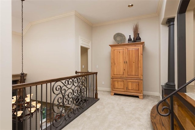 14301 Briar St, Leawood, KS 66224 - hall featuring light carpet and ornamental molding