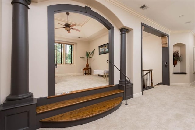 14301 Briar St, Leawood, KS 66224 - hall featuring carpet, arched walkways, and ornamental molding