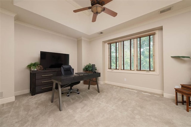 14301 Briar St, Leawood, KS 66224 - office area with light carpet, crown molding, and a ceiling fan