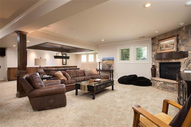 14301 Briar St, Leawood, KS 66224 - living room featuring carpet flooring, ornamental molding, decorative columns, bar area, and a fireplace