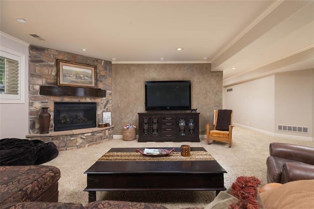 14301 Briar St, Leawood, KS 66224 - living area with carpet flooring, crown molding, a stone fireplace, and recessed lighting