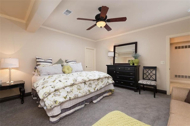 14301 Briar St, Leawood, KS 66224 - bedroom with carpet flooring, crown molding, and a ceiling fan