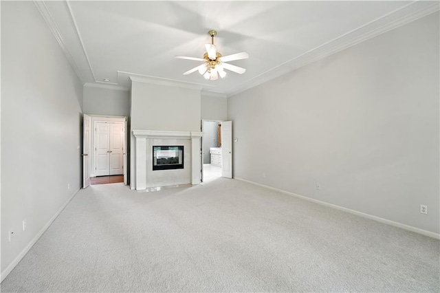 13905 Lucille St, Overland Park, KS 66221 - unfurnished living room featuring crown molding, a ceiling fan, carpet floors, and attic access