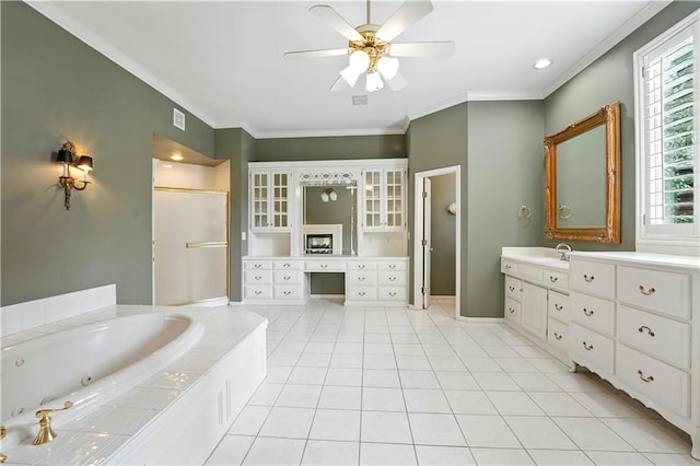 13905 Lucille St, Overland Park, KS 66221 - bathroom with a stall shower, a tub with jets, vanity, ceiling fan, and ornamental molding