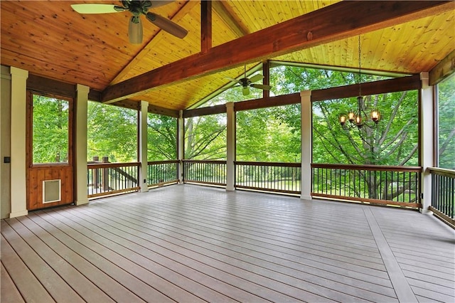 13905 Lucille St, Overland Park, KS 66221 - unfurnished sunroom featuring ceiling fan, hardwood / wood-style floors, wood ceiling, a chandelier, and a wooden deck