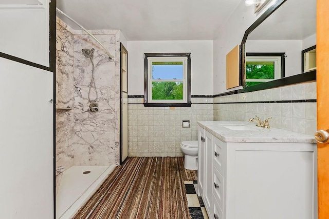 1036 Vilas St, Leavenworth, KS 66048 - full bathroom featuring a marble finish shower, toilet, vanity, tile walls, and plenty of natural light