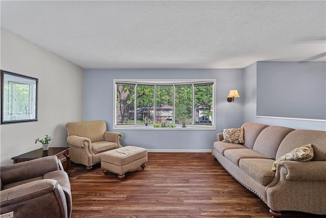 522 Kasold Dr, Lawrence, KS 66049 - living room with dark wood-style flooring, baseboards, and a textured ceiling