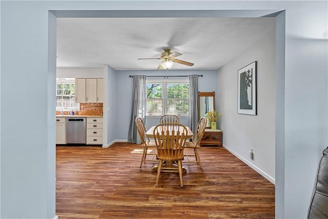 522 Kasold Dr, Lawrence, KS 66049 - dining space with wood finished floors, a ceiling fan, baseboards, and a textured ceiling