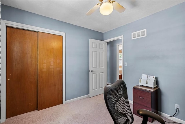 522 Kasold Dr, Lawrence, KS 66049 - carpeted home office with baseboards and ceiling fan