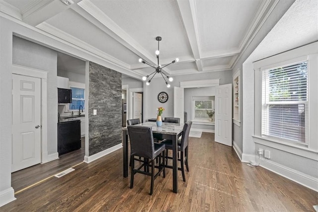 1316 E 42nd St, Kansas City, MO 64110 - dining area featuring a chandelier, coffered ceiling, beam ceiling, dark wood-type flooring, and ornamental molding