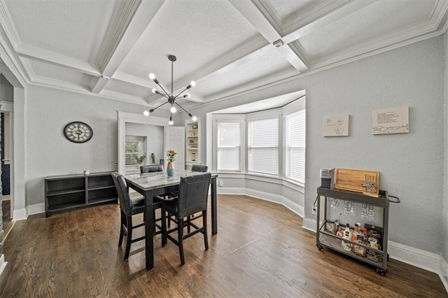 1316 E 42nd St, Kansas City, MO 64110 - dining space featuring coffered ceiling, a chandelier, baseboards, dark wood-type flooring, and beam ceiling