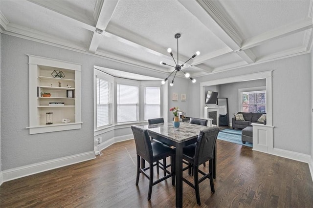 1316 E 42nd St, Kansas City, MO 64110 - dining space featuring coffered ceiling, healthy amount of natural light, a chandelier, baseboards, and beamed ceiling