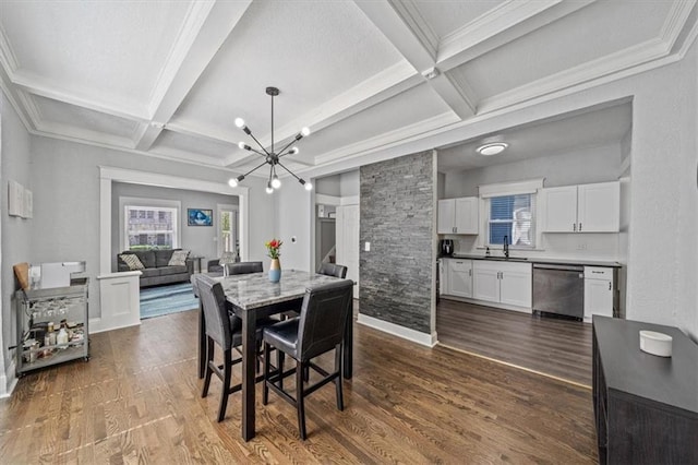 1316 E 42nd St, Kansas City, MO 64110 - dining room featuring coffered ceiling, a chandelier, dark wood finished floors, beamed ceiling, and crown molding