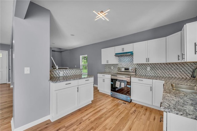2311 Shawnee Dr, Kansas City, KS 66106 - kitchen featuring stainless steel range with electric stovetop, a sink, tasteful backsplash, and light wood-style floors