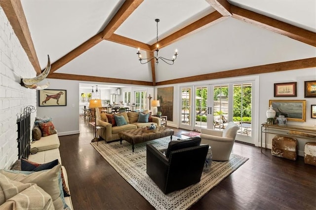 2210 W 69th Ter, Mission Hills, KS 66208 - living room with a chandelier, high vaulted ceiling, a fireplace, beam ceiling, and baseboards