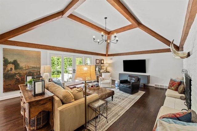 2210 W 69th Ter, Mission Hills, KS 66208 - living room with beam ceiling, a chandelier, a fireplace, baseboards, and dark wood-style flooring