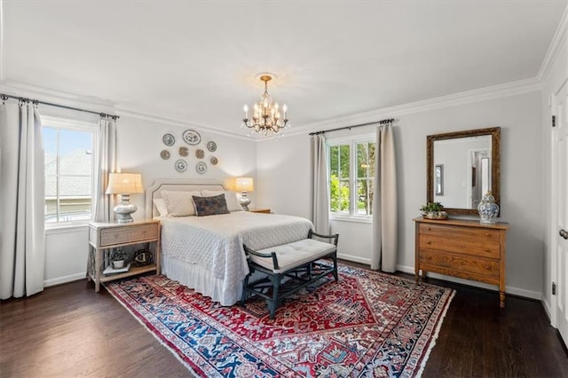 2210 W 69th Ter, Mission Hills, KS 66208 - bedroom with ornamental molding, dark wood-style flooring, a chandelier, and baseboards