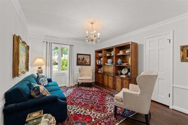 2210 W 69th Ter, Mission Hills, KS 66208 - living room with a chandelier, crown molding, dark wood-style floors, and baseboards