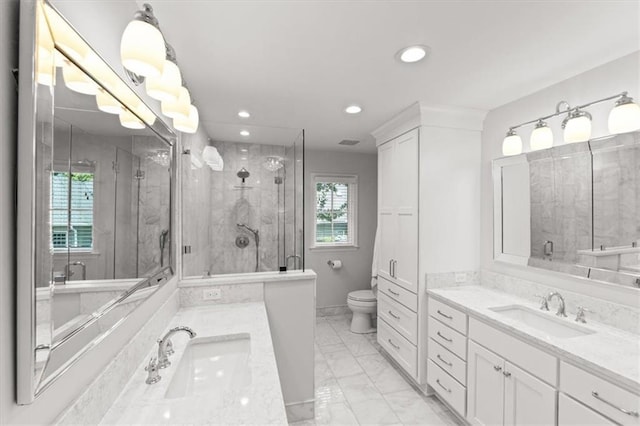 2210 W 69th Ter, Mission Hills, KS 66208 - full bathroom featuring marble finish floors, toilet, two vanities, recessed lighting, and a shower stall