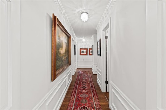 2210 W 69th Ter, Mission Hills, KS 66208 - hall featuring a decorative wall, dark wood-type flooring, and ornamental molding