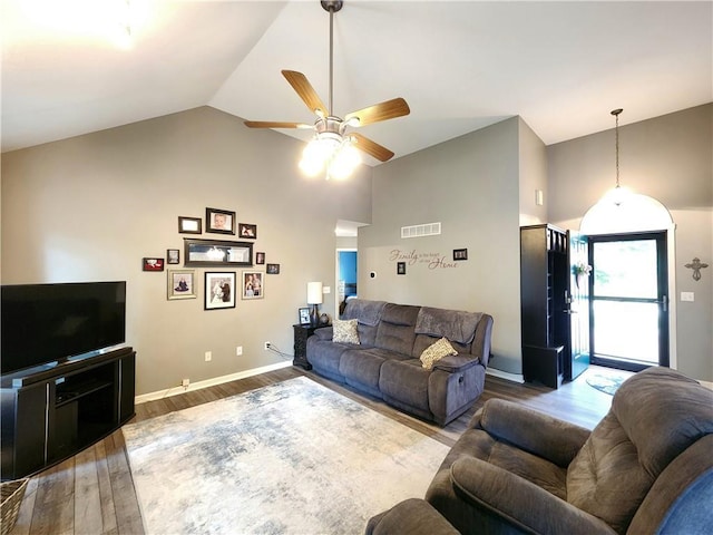9001 NE 109th Ter, Kansas City, MO 64157 - living room featuring high vaulted ceiling, a ceiling fan, wood finished floors, and baseboards