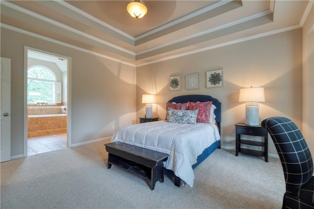 13011 Long St, Overland Park, KS 66213 - bedroom with carpet floors, ornamental molding, a tray ceiling, ensuite bathroom, and baseboards