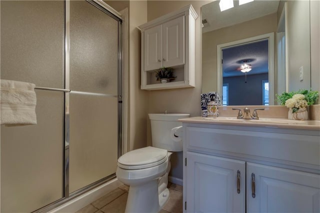 13011 Long St, Overland Park, KS 66213 - bathroom featuring vanity, a shower stall, toilet, and tile patterned floors